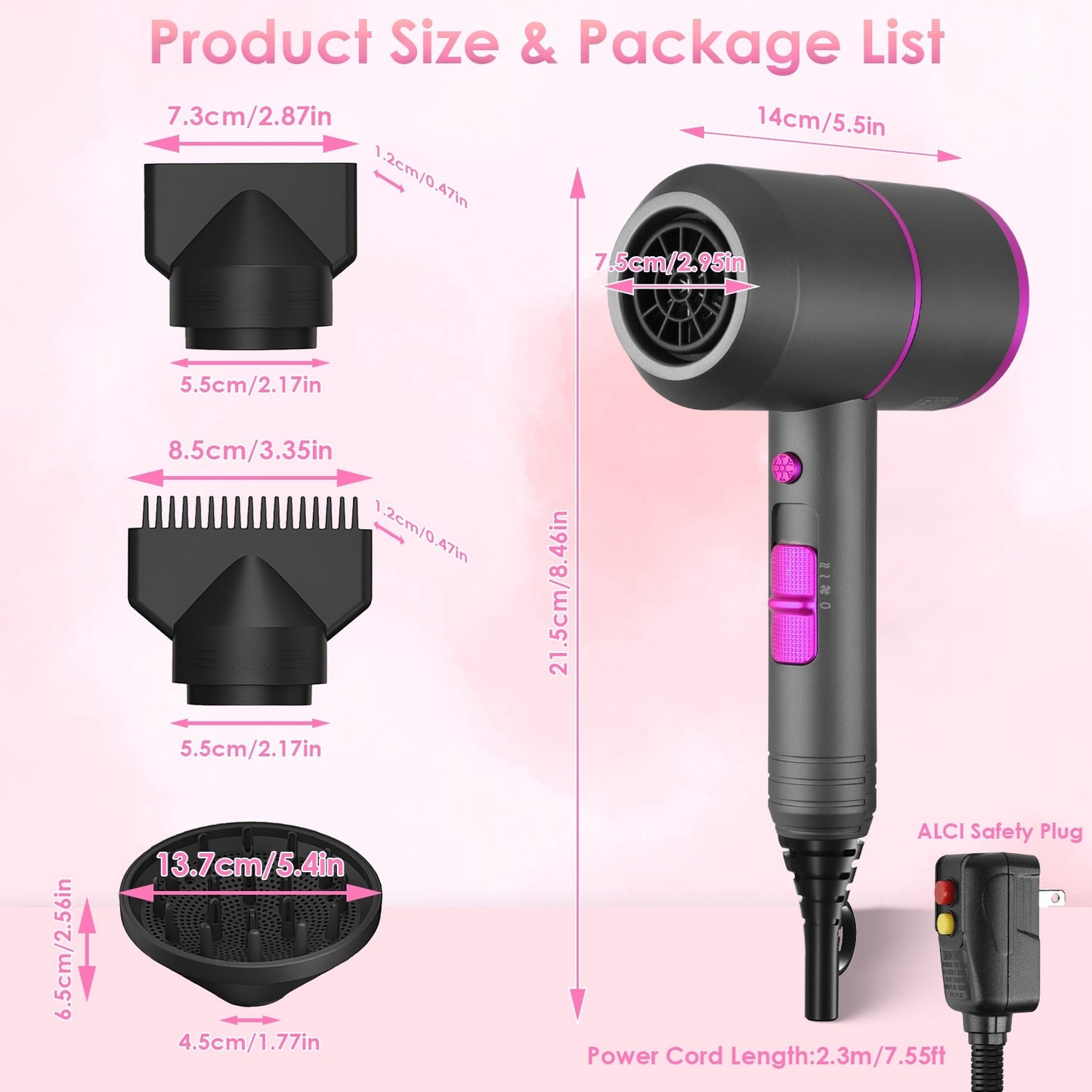 Hair Dryer Cool Warm Hot Wind With Diffuser Concentrato 1800W