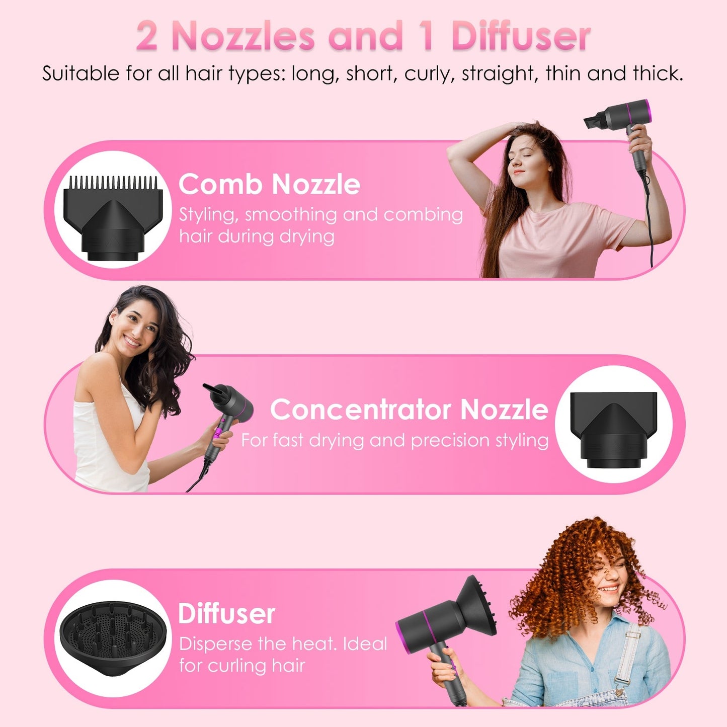 Hair Dryer Cool Warm Hot Wind With Diffuser Concentrato 1800W