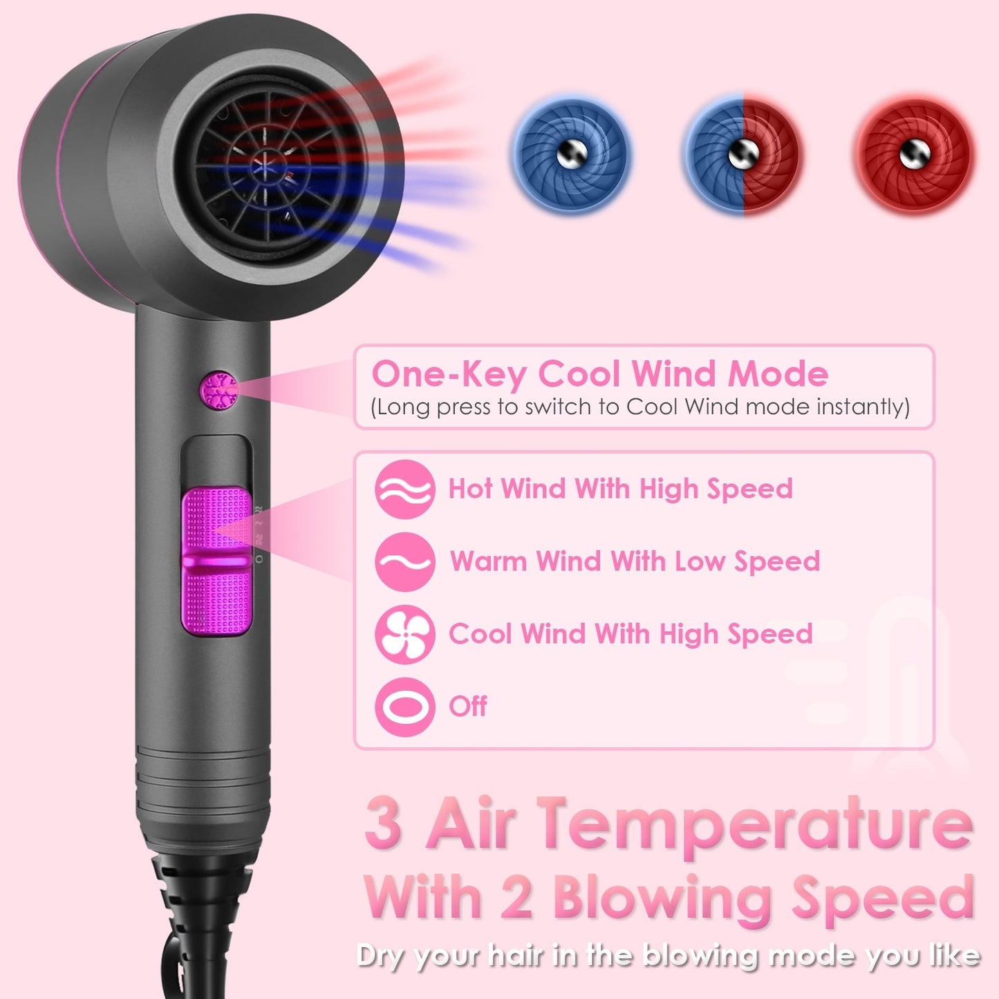 Hair Dryer Cool Warm Hot Wind With Diffuser Concentrato 1800W